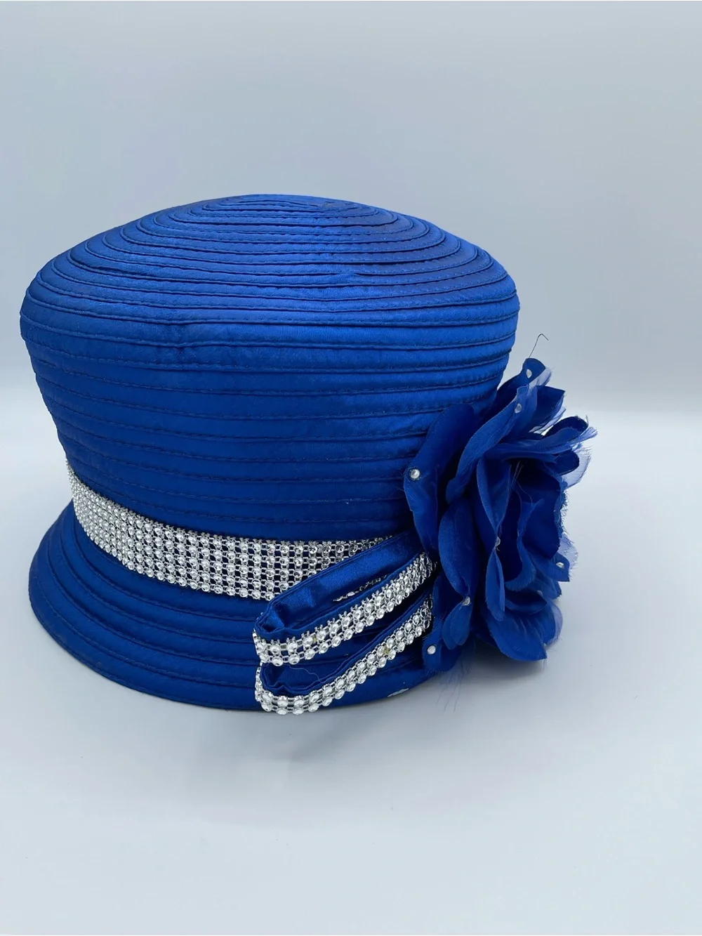 Elegant Royal Blue Floral Cocktail Hat with Crystal Accents